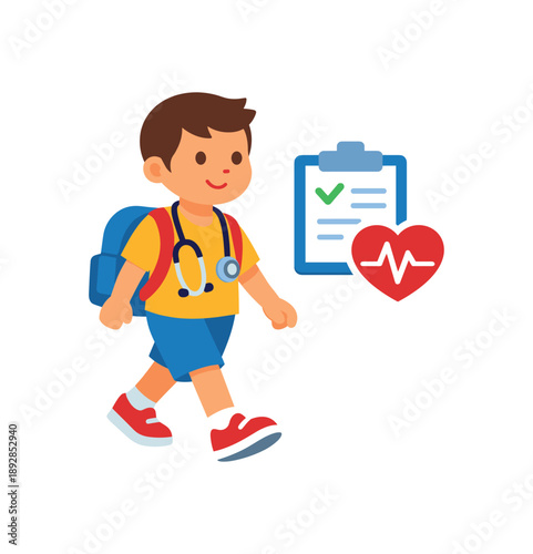 colored flat icon vector illustration isolated on white background isolated on white background child with backpack and stethoscope icon going to doctor regular checkup rule flat on white