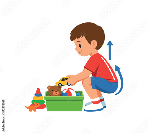 colored flat icon vector illustration isolated on white background isolated on white background child picking up toys from floor with back straight and arrows proper movement posture rule