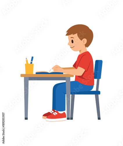 colored flat icon vector illustration isolated on white background isolated on white background child sitting at desk with straight back and feet on floor good posture while learning rule