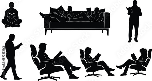People reading book silhouettes in different poses, leisure and education concept showing relaxing at home and office, black and white illustration, lifestyle and learning symbols
