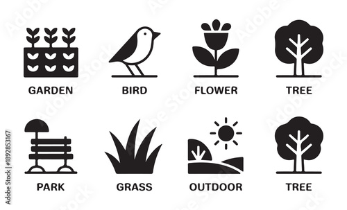 Outdoor nature brutalist bold vector icon set depicting garden elements birds flowers trees and park landscapes