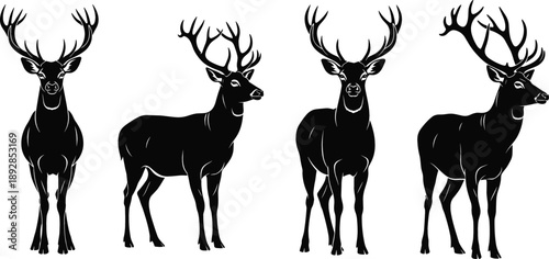 Set of majestic deer silhouettes with large antlers standing in different poses for wildlife nature hunting and winter forest design elements