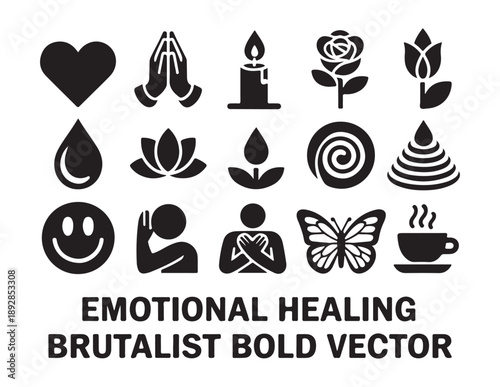 Comprehensive collection of emotional healing brutalist bold vector icons for mental health and wellness art