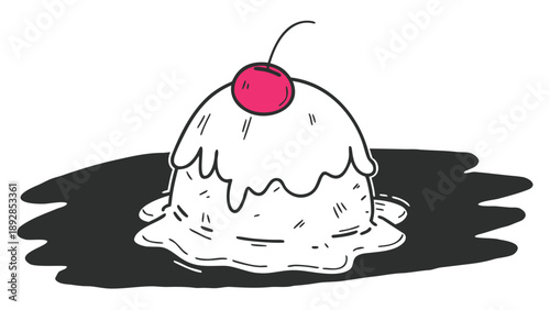 Melting scoop of ice cream with a bright cherry on top drips downward