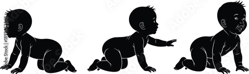 Silhouette illustration of crawling baby stages showing infant development positions, cute newborn child movement sequence isolated on white background vector design set black