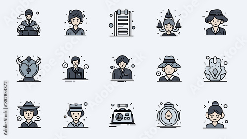 Collection of Diverse Stylized Icons Representing People and Objects.