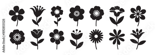 Set of black silhouette flower icons on white background vector art elegant floral shapes for various design needs
