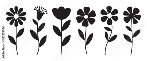 Flat design black silhouette flower icons on white background vector art beautiful floral patterns for graphic creation