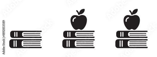 Educational icons with stacks of books and apples representing knowledge and learning isolated on white background