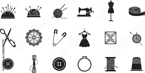 Diverse collection of monochrome icons representing essential sewing tools and tailoring equipment for textile crafting, fashion design, and creative hobby projects