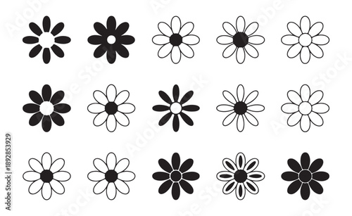 Minimalist daisy flower icons collection with various petal shapes and outline styles for graphic design assets