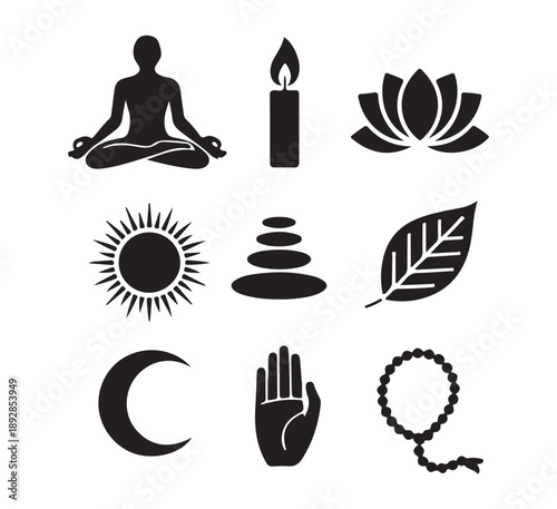 Wellness and spiritual practice glyph icons set including meditation candle lotus sun stones leaf moon and hand