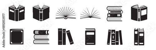 Comprehensive library book icon set with detailed spines and fanned pages for scholarly publishing graphics