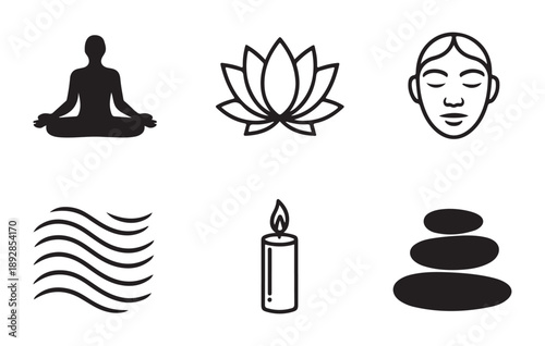 Zen wellness icon set with meditation silhouette lotus flower face candle waves and stacked stones for spa