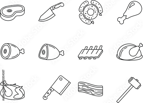 Butcher shop and meat products icons set in black and white line art style