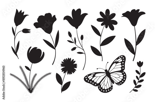 Tulip and bellflower silhouettes collection with monarch butterfly isolated on white for garden decoration