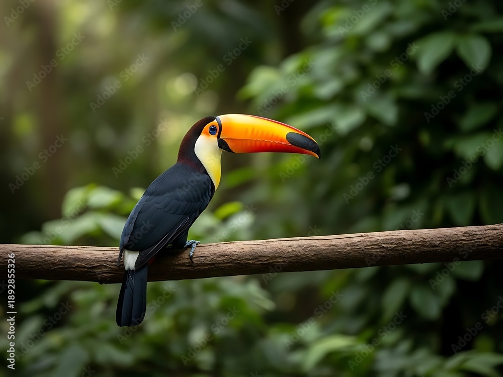 Fototapeta premium Vibrant toucan perched on a branch in the rainforest