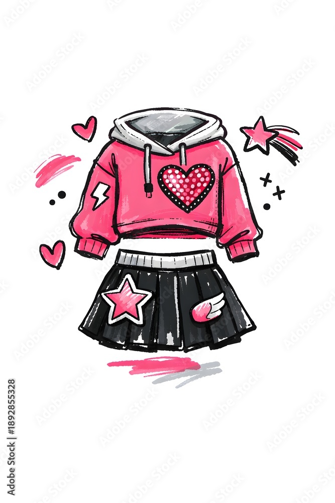 Obraz premium A design features a pink hoodie with a heart shape and a black skirt with star designs. This creative artwork highlights fun fashion elements in a simple style