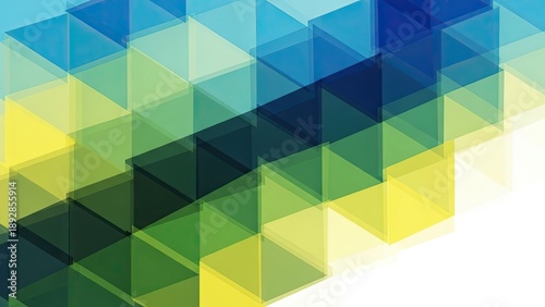 A colorful geometric pattern of 3D cubes in blue, green, and yellow hues