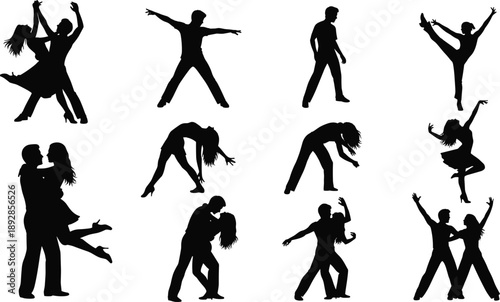 Collection of romantic couple and solo dancer silhouettes performing ballroom, ballet, and modern dance poses, artistic movement set isolated on white background, passion and elegance concept