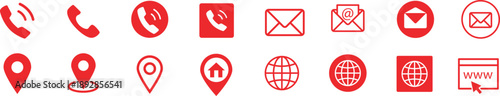 Collection of essential red contact, communication, and location icons for modern interfaces Vector
