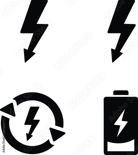Set of four electricity and battery icons lightning bolt, power symbol, and battery charge indicator