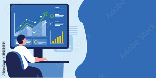 Businessman analyzing financial growth chart on computer screen, business data analysis and strategy concept illustration