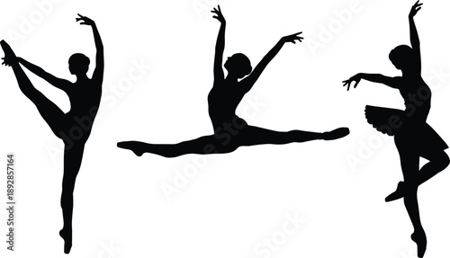 Elegant ballet dancer silhouettes performing jumps and classical poses isolated on white background, expressing grace, flexibility, artistic movement, and professional dance performance concepts