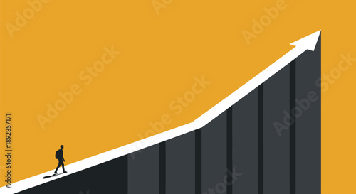 Small silhouette figure climbing a steep growth arrow symbolizing success
