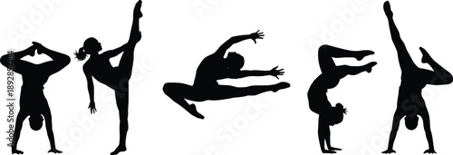 Dynamic gymnast and dancer silhouettes performing acrobatic and yoga poses, flexibility and strength training concept isolated on white background for fitness design
