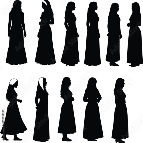 Elegant female silhouettes in long dresses, cultural fashion poses, black vector illustration, modest attire, traditional clothing, isolated design elements, stylish women