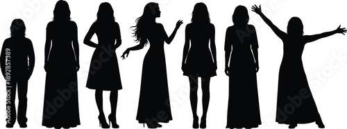 Female life stages silhouettes, aging process, childhood to old age, human growth, posture variation, fashion differences, lifestyle concept, design element, illustration art, vector people