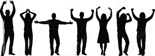 Human silhouette figures in celebratory poses, black icons, expressive body language, diverse attire, vector illustration, unity, joy, movement design