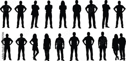 Human silhouette icon set, diverse standing poses, casual and business attire, black vector design, social dynamics, posture illustration, people symbols
