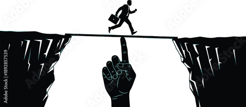 Businessman balancing over a wide gap supported by a finger
