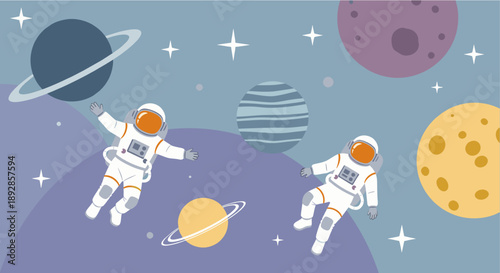 Astronauts floating in space surrounded by planets and stars, a celestial journey