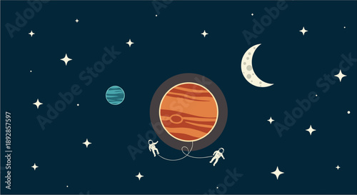 Astronauts, connected by a tether, gracefully drift through the serene cosmic expanse, exploring vibrant planets and twinkling stars, symbolizing human connection and discovery