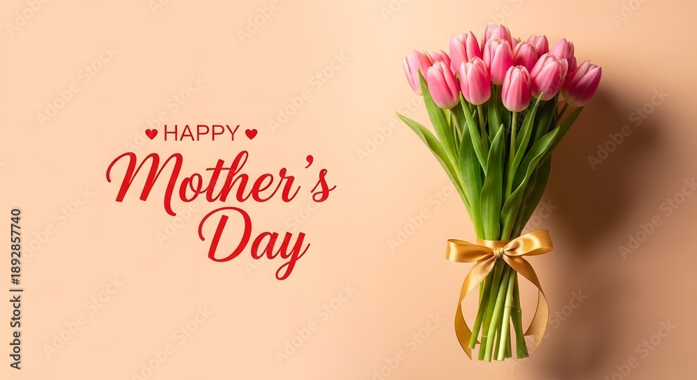 Obraz premium Happy mother's day bouquet of pink tulips on peach background