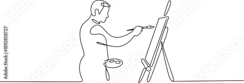 One continuous line drawing of painter artist. A man standing painting an artwork on canvas.one line vector illustration with white background
