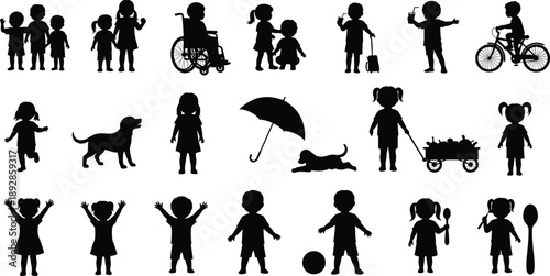 Children silhouettes playing, childhood activities, diverse kids, inclusive design, wheelchair child, dog companion, toys illustration, outdoor fun, lifestyle concept, vector art