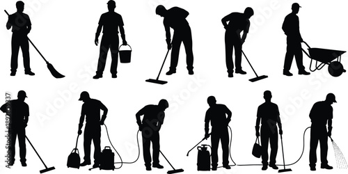 Cleaning worker silhouettes, maintenance tasks, janitorial equipment, black vector illustration, manual labor poses, sanitation tools, housekeeping action, isolated design, work icons