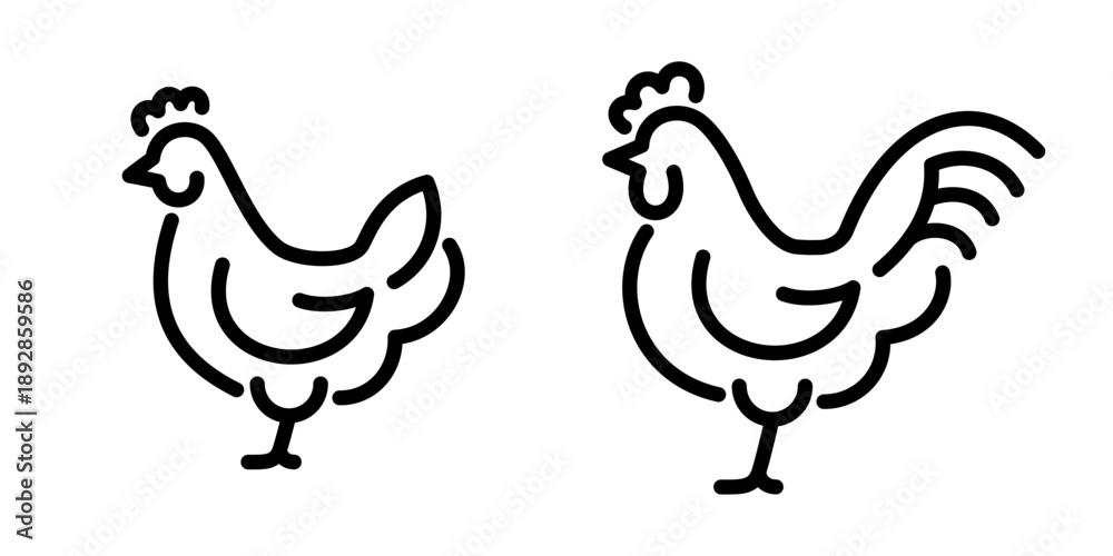 Obraz premium Chicken and rooster outline icon set. Minimal poultry symbols representing farming, agriculture, food production and rural design themes.