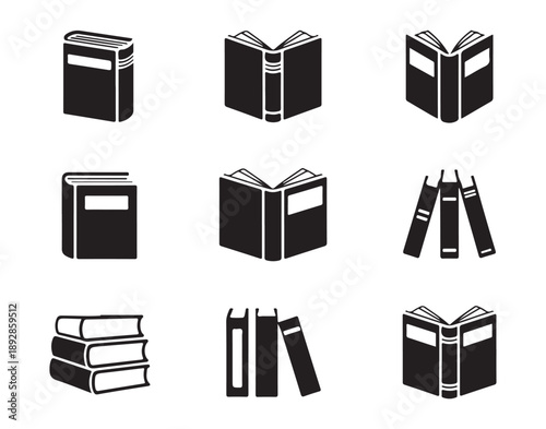 Set of black simple book icons with various closed and open books and stacks on white background