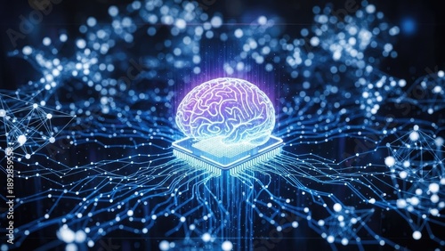 A glowing purple brain sits on a microchip surrounded by blue neural network connections