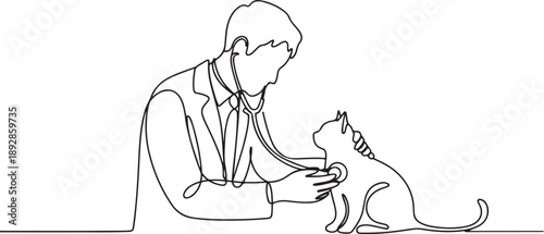 Single continuous line drawing of young male veterinarian examining and take care of a sick cat because of a bacteria.one line vector illustration with white background