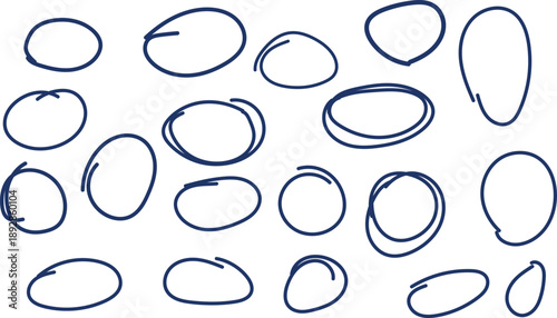 A collection of 20 hand drawn oval shapes in various sizes Set of hand drawn circles and ovals. Highlight circle frames. Ellipses in doodle style. Vector on transparent background.