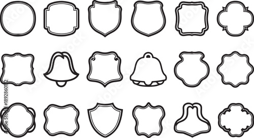 Assortment of black outline decorative frames shields bells and ornate shapes