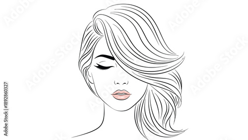 Modern line art of a woman face with flowing hair and pink lips is shown in a clean and minimalist graphic design style.