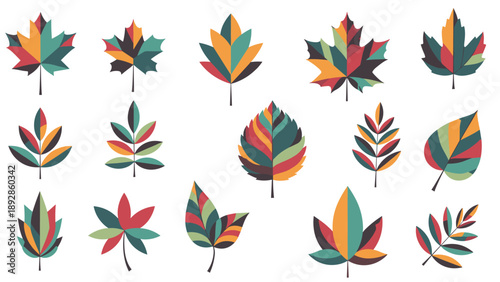 Geometric autumn leaves collection featuring various shapes like maple and oak in vibrant colors on a white background for seasonal design projects.