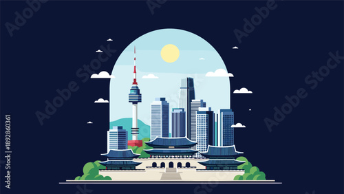 Iconic Seoul city landmarks including Gyeongbokgung Palace and N Seoul Tower depicted in a detailed pixel art style with a beautiful sky background.